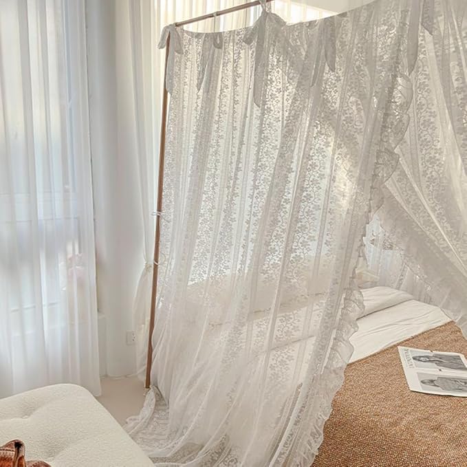 Elegant Princess 4 Corner Post Mosquito Net Romantic for Girls Women Bed Curtain Canopy for Adult Wedding Bedroom Kids Rooms Decoration (Type2-White-Flower, Full)