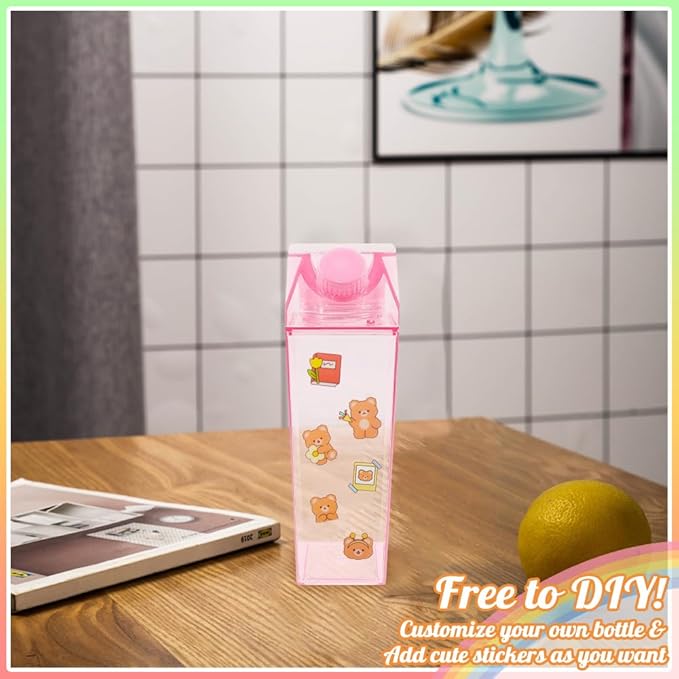 37PCS Milk Carton Square Water Bottle Set, Milk Carton Container 17oz for Refrigerator, Including Straw, Straw Lid, Straw Brush, Sponge Cup Brush, Cup Spout Brush, Label Sticker