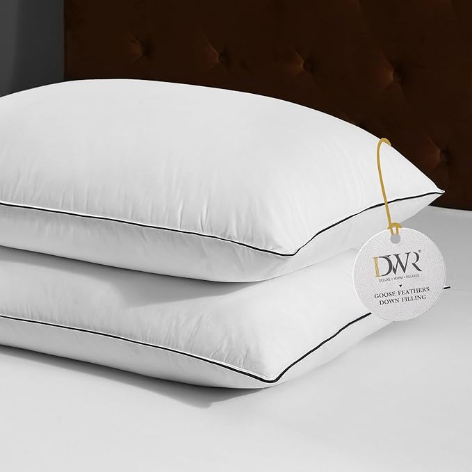 DWR Luxury Goose Feather Down Core Pillows Surrounded by Polyester - Set of 2 - Queen Size(20"x30") - Medium Firm - 100% Organic Cotton Cover
