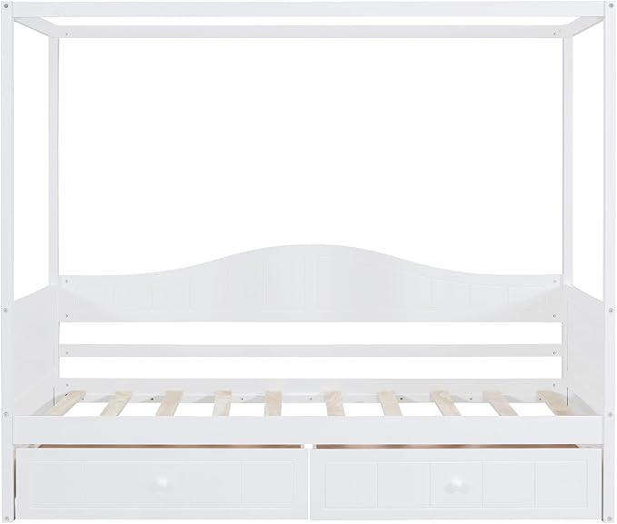 Twin Size Canopy Day Bed with 2 Drawers, White Finish, Sturdy Pine Wood and MDF, Built in Backrest, Space-Saving Design, Fits Curtains and Decorations,77.6"x 41.3"x66.1"