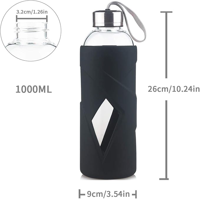 32 oz Borosilicate Glass Water Bottle BPA Free Reusable Glass Drinking Bottle with Silicone Sleeve and Stainless steel Lid