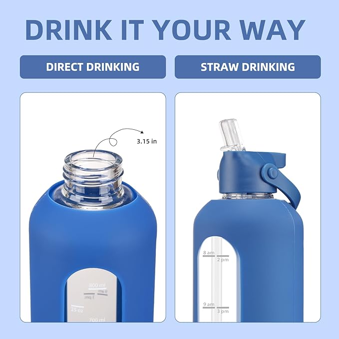 32 oz Glass Water Bottles with Straw Borosilicate Glass Water Bottle with Time Marker Motivational Water Bottles with Silicone Sleeve Leak Proof Reusable BPA Free