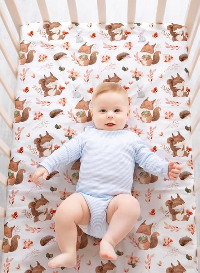 4 Pack Woodland Forest Animals Wood Neutral Unisex Fitted Baby Crib Sheets Set for Baby Boys or Girls (Beer, 52 * 28)