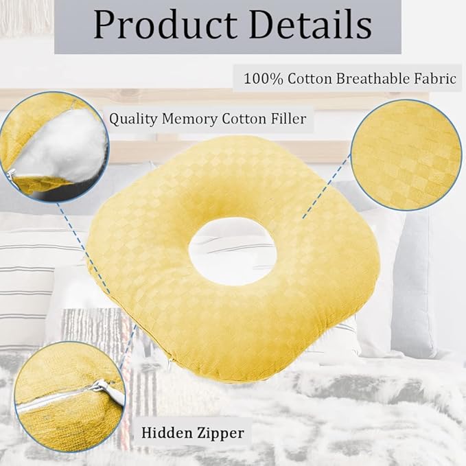 Ear Piercing Pillow for Side Sleepers, Pillow with an Ear Hole for CNH and Ear Pain Ear Inflammation Pressure Sores, O-Shaped Side Sleeping Pillow, Ear Guard Pillow(Yellow)