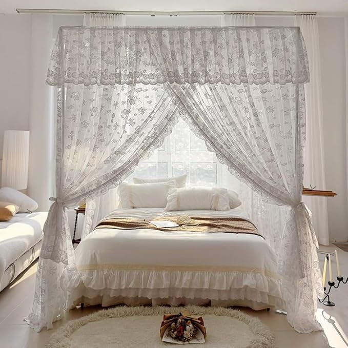 Elegant Princess 4 Corner Post Mosquito Net Romantic for Girls Women Bed Curtain Canopy for Adult Wedding Bedroom Kids Rooms Decoration (Type2-Beige-White, Full)