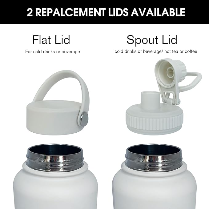 40oz Insulated Water Bottle ，Stainless Steel Sports Water Cup Flask with 2 Lids, Wide Mouth Travel Thermal Mug,Outdoor Sports Bottle（white）