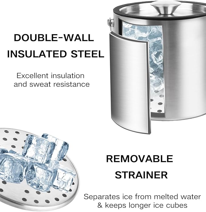 3L Double Wall Ice Bucket with Silicone Lid, Tongs & Strainer, Insulated Ice Buckets for Parties & Cocktail Bar,[Silicone Lid for Longer Ice] Large Wine Bar Bucket Stainless Champagne Chiller