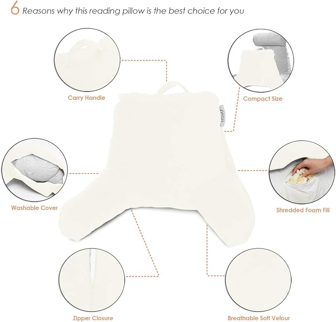 Nestl Reading Pillow for Kids, Small Bed Pillow, Back Pillow for Sitting in Bed, Memory Foam Chair Pillow, Reading & Bed Rest Pillows, Off White Back Pillow for Bed, Arm Pillow with Pockets