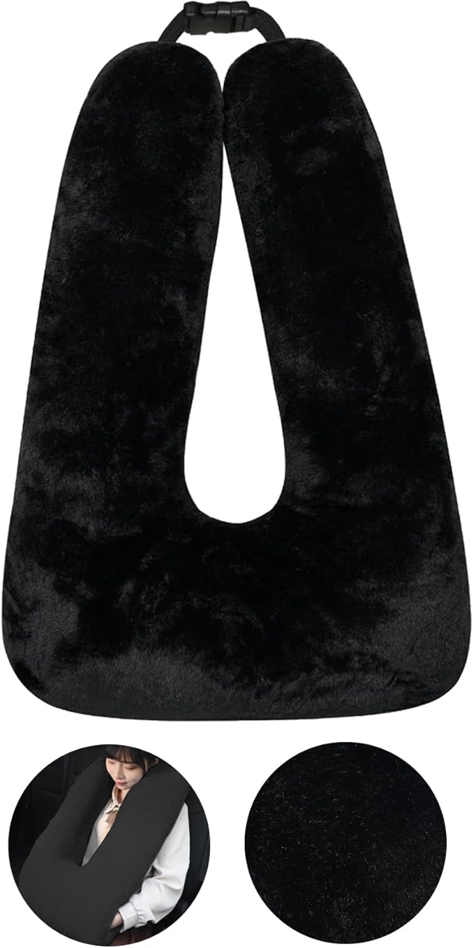 Kids Travel Pillow for Car Seat with Hand Muff, Cartoon Neck & Headrest Seat Belt Pillow for Car Road Trips Long-Distance Travel Sleeping Pillow for Adults and Children, Black