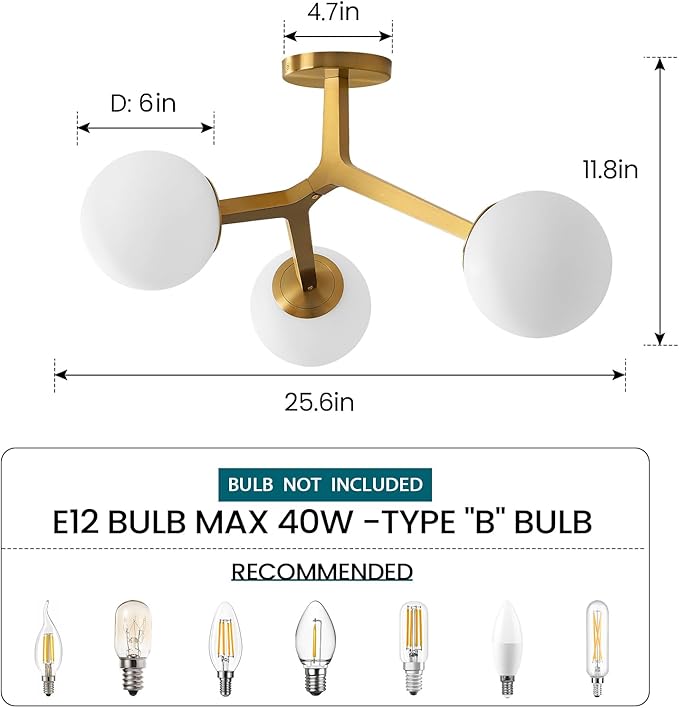 Semi Flush Mount Ceiling Light Fixture 3-Light Modern Gold Sputnik Chandelier with Globe Milky Frosted Glass Shade E12 Sputnik Ceiling Light for Kitchen, Hallway Light Fixtures Ceiling