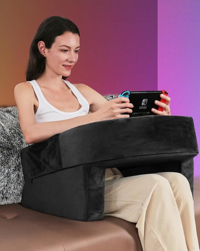 Weighted Idea Reading Pillow for Gaming, Meduim Gaming Pillow for Adult，Table Pillow with 2 Side Pockets for Gaming, Reading, Working Sitting in Bed Floor Sofa (Black)