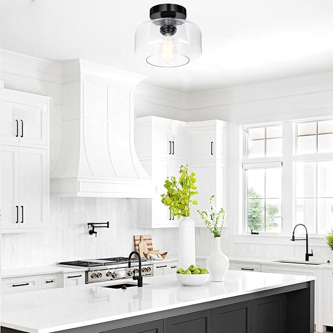 Industrial Semi Flush Mount Ceiling Light Black Chrome, 800 Lumen LED Bulb Included, Clear Glass Shade Ceiling Light Fixture, Farmhouse Light Fixture for Hallway Corridor Kitchen Bathroom