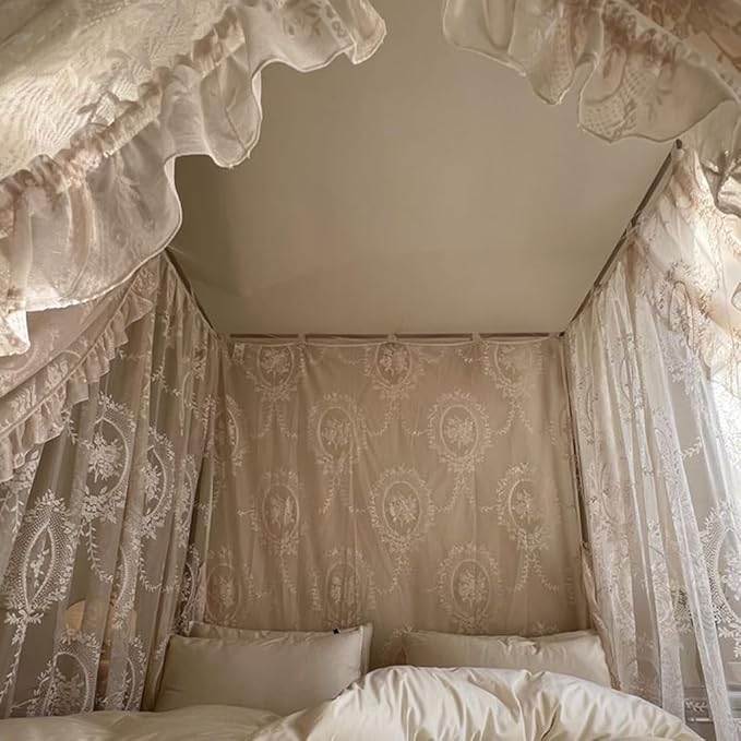 Elegant Lace Princess 4 Corner Post Mosquito Net Romantic for Girls Women Bed Curtain Canopy for Adult Wedding Bedroom Kids Rooms Decoration (Color-C, California King)
