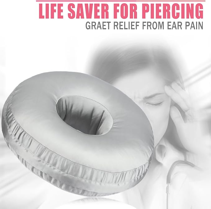 Satin Ear Piercing Pillow Removable Cover Luxury Cnh Pillow with Ear Holes for Ear Pain Side Sleepers Washable Large Donut Pillows Head Neck Support Gray