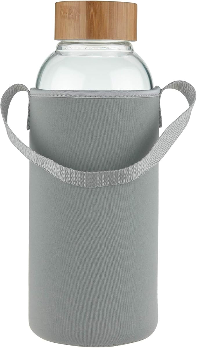 48 oz Sports Borosilicate Glass Water Bottle with Bamboo Lid with Neoprene Sleeve