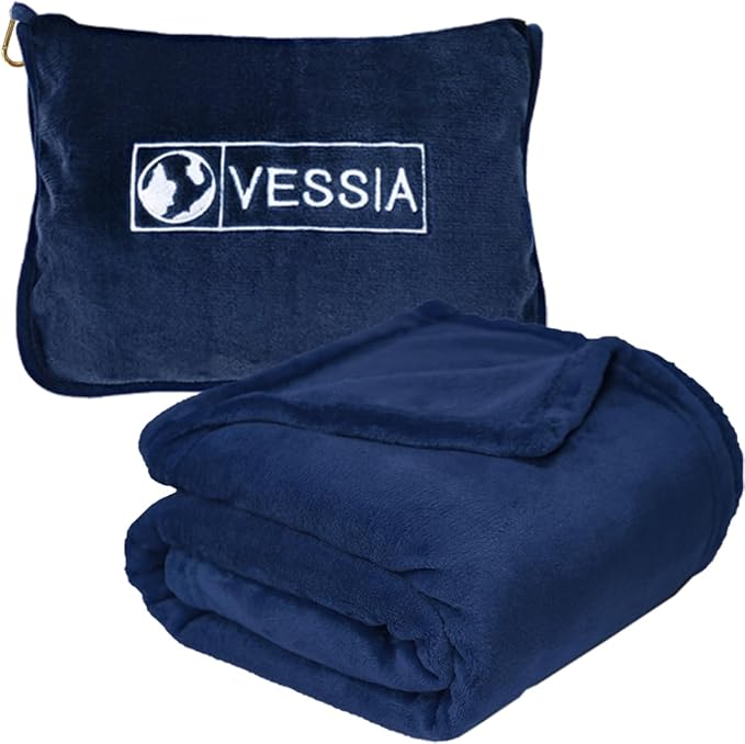 Vessia Travel Blanket for Airplane, Train and Car, Warm and Soft Travel Blanket in Bag for Adults and Kids, Portable Compact Long Flight Blanket with Luggage Sleeve, Backpack Clip(Navy)