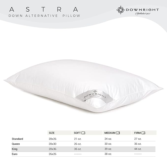 Downright 233 Thread Count 39 oz Astra LikeDown Pillow, 20" x 36", King 20 x 36
