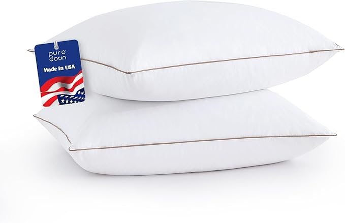 puredown® Goose Feathers Down Pillows Standard Size Set of 2 - Made in USA Soft Fluffy Hotel Pillow, 100% Cotton Cover, Luxury Medium Firm Bed Pillows for Back, Stomach or Side Sleeper.