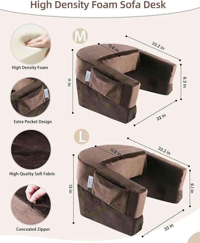 Weighted Idea Reading Pillow for Gaming, Extra Large Arm Rest Pillow for Adult，Lap Desk Pillow Gaming Pillow with 2 Side Pockets for Gaming, Reading, Working Sitting in Bed Floor Sofa (Brown)