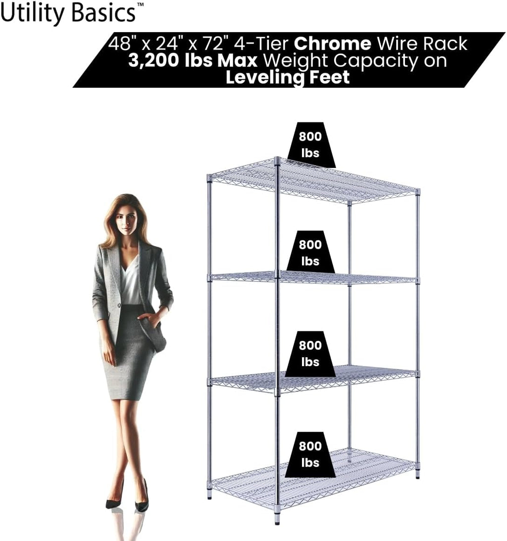 48"x24"x72" Chrome Premium Metal Steel Wire Shelving 4-Tier NSF 3200 LBS MAX Capacity Heavy Duty Storage Rack for Garages, Commercial Spaces, Hospitals, & Schools w/Premium Wheels