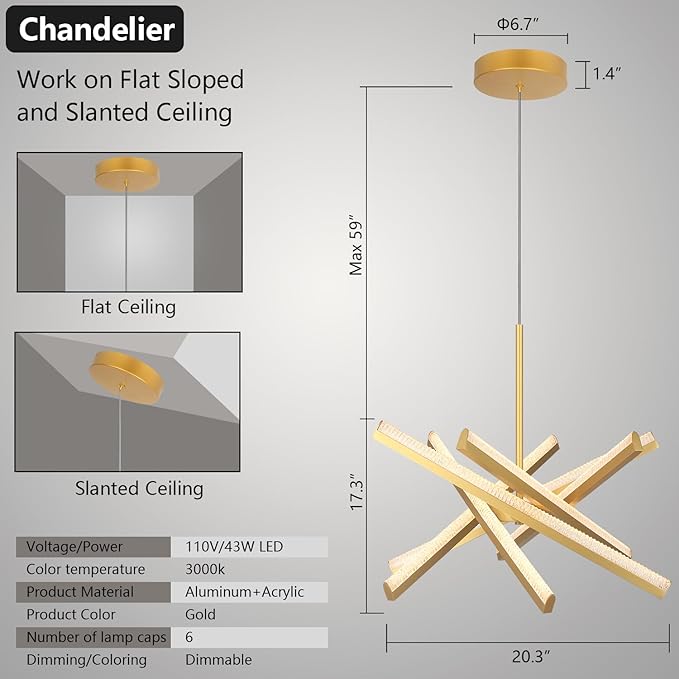 Kinglong Gold Chandelier【Upgraded】,Chandelier Light Fixture 6-Lights,Dimmable Acrylic LED Modern Chandelier for Dining Room,Living Room,Bedroom,Kitchen Island(L:20.07",W:17.32")