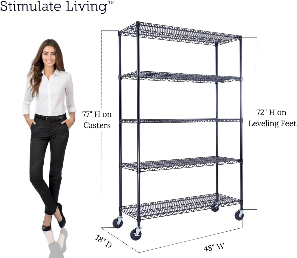48"x18"x72" PRIME HEAVY DUTY Black 5-Tier Wire Shelving NSF 4000 LBS MAX Capacity Storage Rack for Commercial, School, Home, Garage, Warehouse, Industrial, and Hospital Uses (with Wheels)