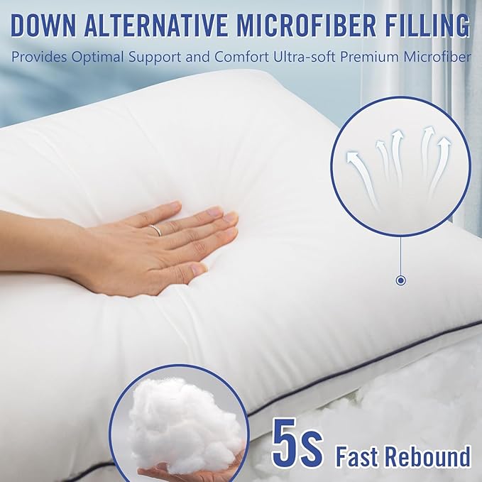 Hotel Collection Bed Pillows for Sleeping 4 Pack Queen Size Cooling Pillows Set of 4 for Back, Stomach or Side Sleepers, Super Soft Down Alternative Microfiber Filled Pillows
