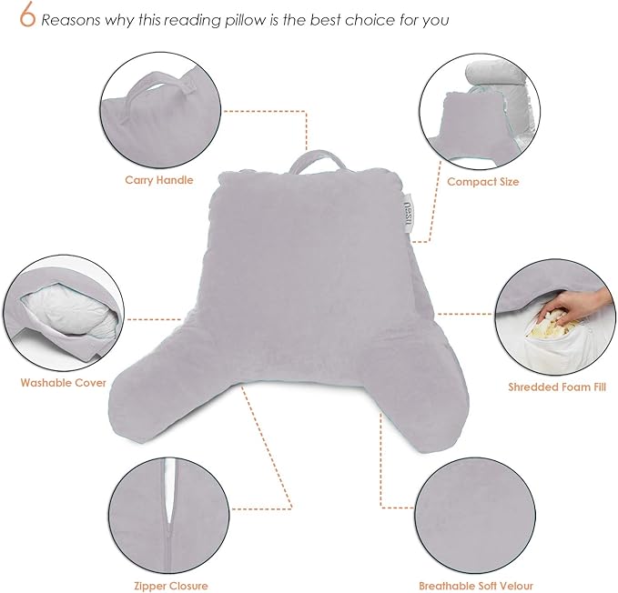 Nestl Reading Pillow Standard Bed Pillow, Back Pillow for Sitting in Bed Memory Foam Chair Pillow, Reading & Bed Rest Pillows Grey Lavender Back Pillow for Bed, Bed Chair Arm Pillow with Pockets