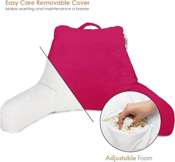 Nestl Reading Pillow Standard Bed Pillow, Back Pillow for Sitting in Bed Shredded Memory Foam Chair Pillow, Reading & Bed Rest Pillows Hot Pink Back Pillow for Bed, Bed Chair Arm Pillow with Pockets
