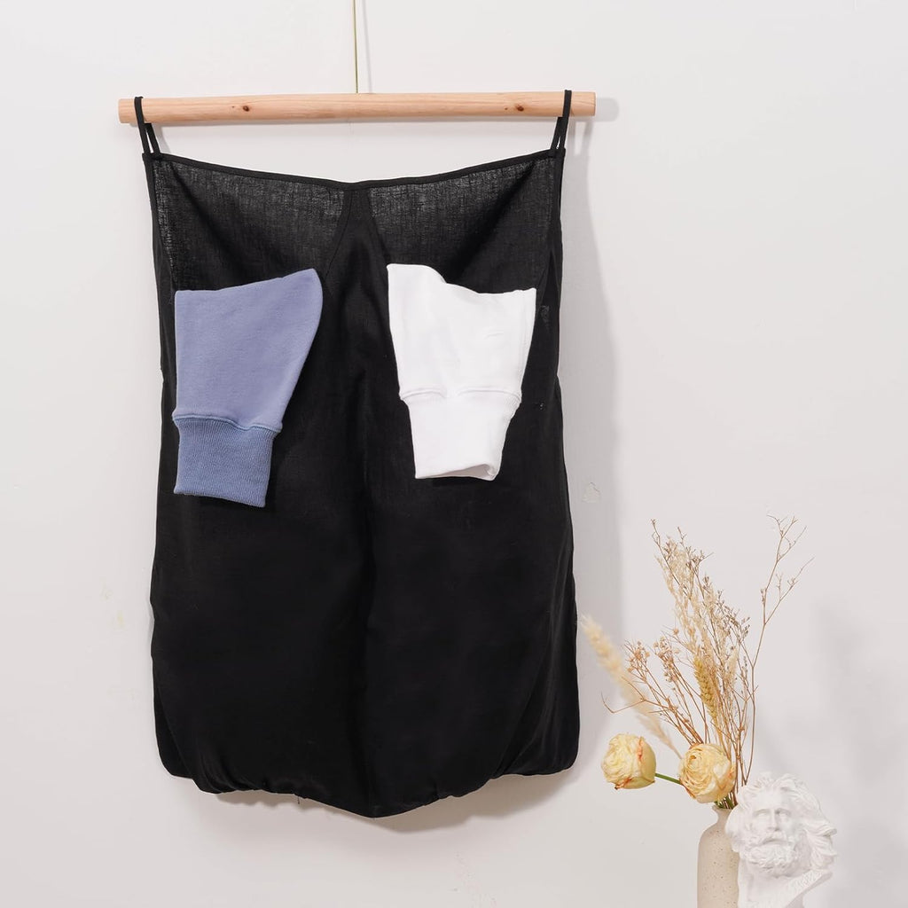 100% Pure Linen Dual Hanging Laundry Bag with 2 Deep Pocket and 2 Side Zipper 20x27in, Over The Door Laundry Hamper Space Saving Hampers for Dirty Clothes Home Travel, Black