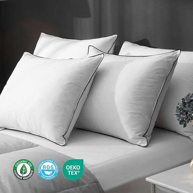Hotel Feather Pillows Standard Size, Hybrid Goose Down Pillow Composite with Mef tek™ Memory Foam, Firm Bed Pillows with Organic Cotton Cover (White,20"x26")