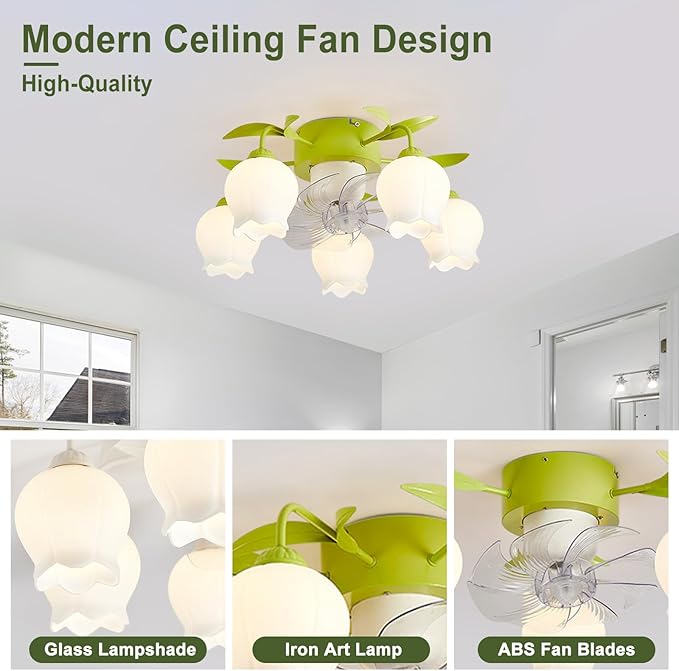 Flower Ceiling Fan with Light: Green Flower Fan Lights for Girls Bedroom - Flush Mount Fandelier for Living Room - 5-Light Modern Chandelier with Fan for Home Decor Enthusiasts