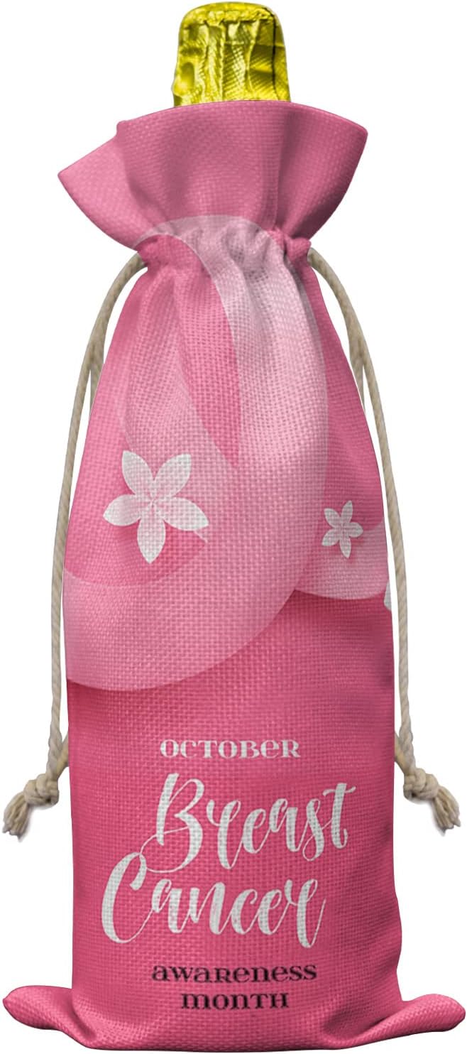 10 Pack Wine Bottle Bags, Breast Cancer Wine Bottle Cover with Drawstring, Gift Bag for Champagne, Wedding, Birthday, Christmas, Thanksgiving, Party Pink Ties Blooming Spring Floral