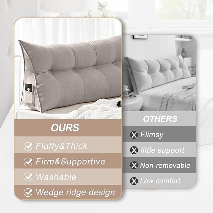 Large Triangular Headboard Pillows Long Backrest Positioning Support Bolster Cushion for Daybed Fluffy Quality Plush Body Wedge Pillow with Removable Cover(Light grey-Queen-59x8x20in)