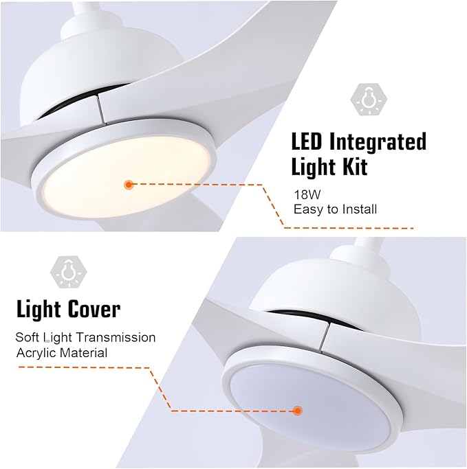 42-Inch White Ceiling Fan with Light - Remote Control, 3 Color Changing, Dimmable, Reverse Rotation - Quiet, 6 Speeds - Ideal for Living Room, Bedroom, Balcony