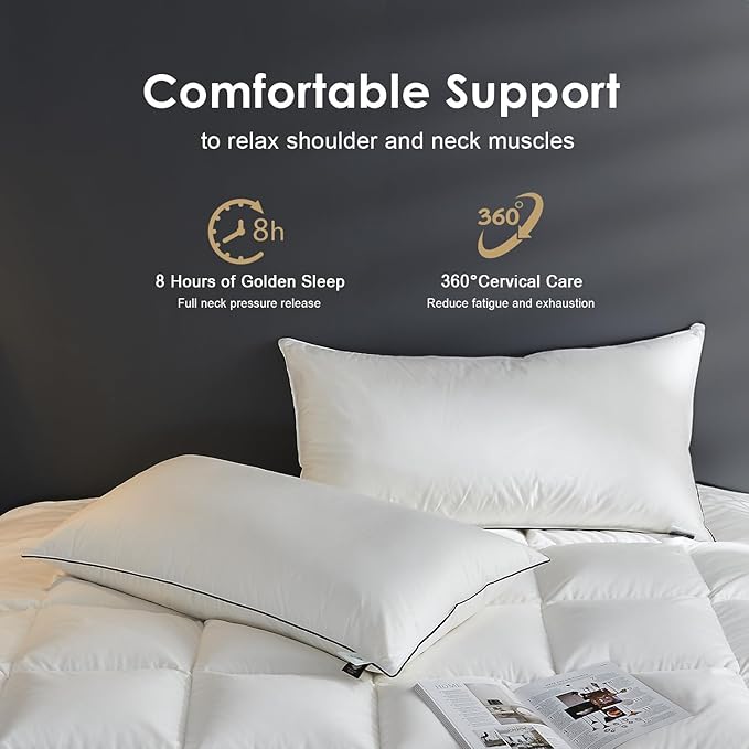 Hotel Feather Pillows King Size Set of 2, Hybrid Goose Down Pillow Composite with Mef tek™ Memory Foam, Firm Bed Pillows with Organic Cotton Cover (White,20"x36")