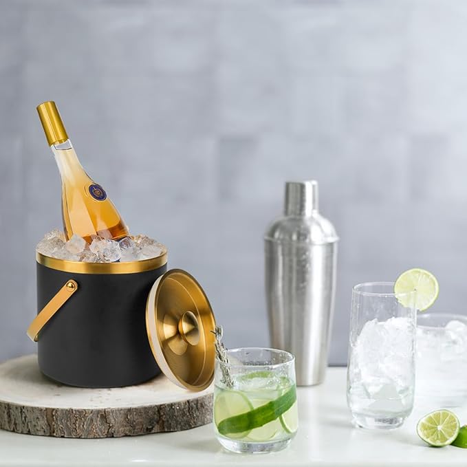 3L Double-Wall Insulated Stainless Steel Ice Bucket with scoop for Cocktail Bar - Metal Ice Bucket for freezer with Lid for parties,ice holder,champagne bucket,bar cart accessories (black)