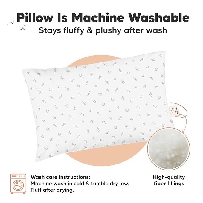 2-Pack Toddler Pillow - Soft Organic Cotton Toddler Pillows for Sleeping - 13X18 Small Pillow for Kids - Kids Pillows for Sleeping - Kids Pillow for Travel, School, Nap, Age 2 to 5 (Herb)