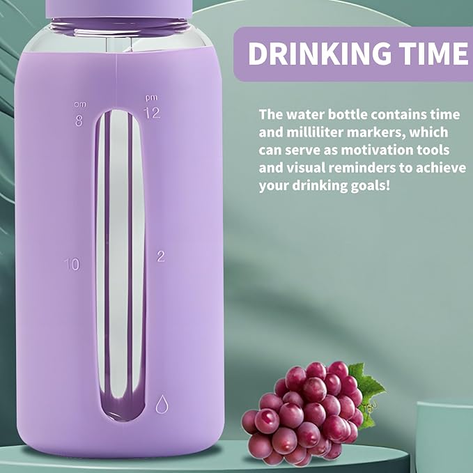 27 Oz Hydration Bottle,Minimalist Glass Water Bottle With Silicone Sleeve,Wide Mouth Opening With 2 Lids,Train Straws,Gift for Kids/Adults,Sport Glass Water Bottle for Gym/Yoga/Outdoor (PurPle, 27 oz)
