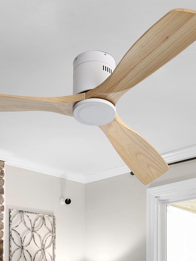 Sofucor 52'' Flush Mount Ceiling Fan without Light, Indoor Outdoor Mordern Wood Low Profile Ceiling Fan with Remote Control, Reversible Quiet DC Motor, 6 Speed, for Farmhouse Bedroom Patio Porch