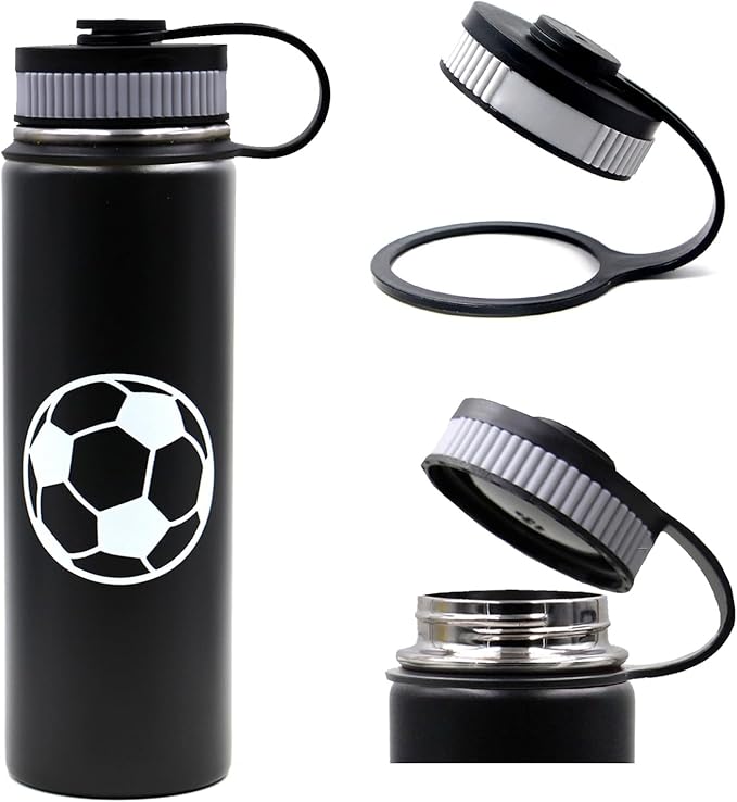 22 oz Soccer Water Bottle, Wide Mouth Travel Sports Flask with 2 Lids（Straw Lid+Flex Cap）BPA Free 18/8 Stainless Steel Double Wall Vacuum Insulated Water Bottles (22oz, Soccer)