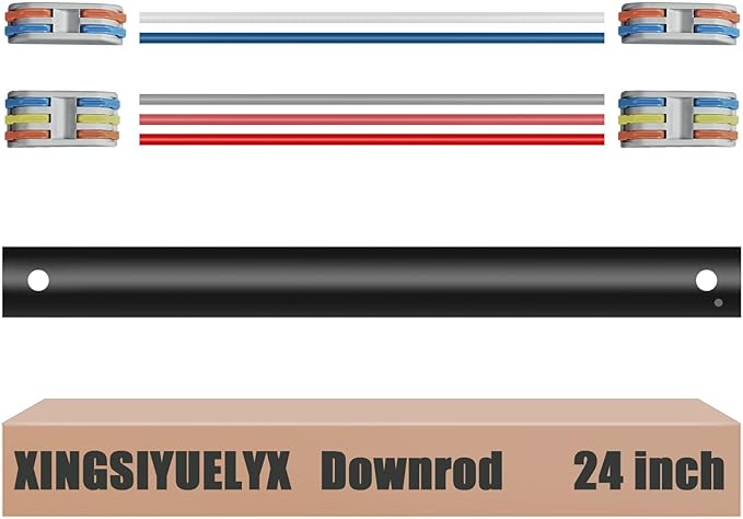 24" Ceiling Fan Downrod, 【1 Outside Diameter】 Black Extended Downrod, including 4 Wire Connectors and 5 Extension Wires (No Threads)