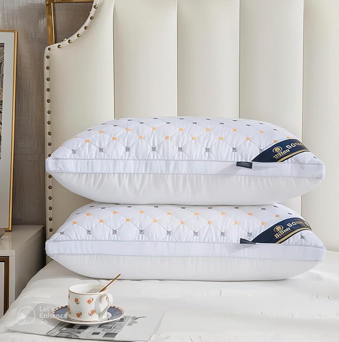 Bed Pillows (Queen Size) (Pillow Set of 2) Soft Down Luxurious Hotel Collection Gusseted Square Perfect Comfortable Soft Supportive Stomach Side Back-Sleepers Extraordinary Pain Relief