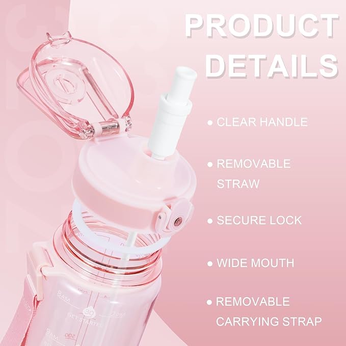 32 oz Water Bottle with Detachable Straw, Clear Motivational Water Bottles with Time to Drink, Tritan & BPA Free Sports Water Jug with Time Marker, Upgraded handle design, Rose Pink