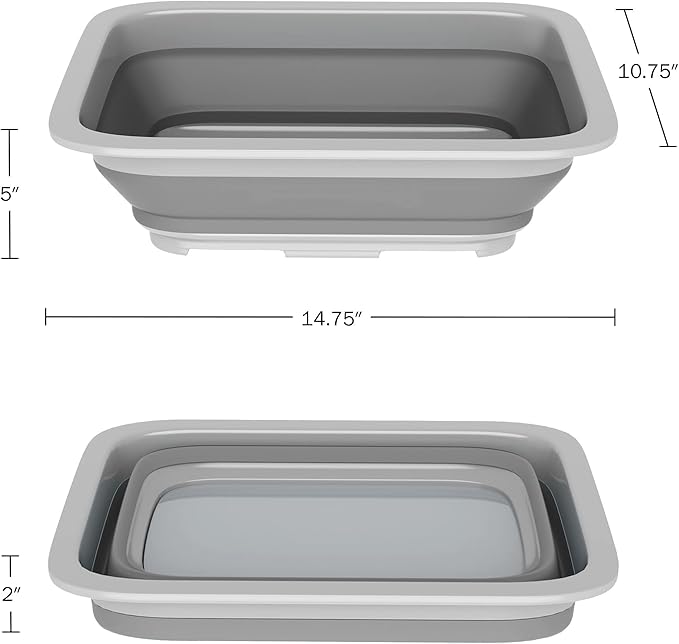 Set of 2 Multipurpose Wash Bins – 10-Liter Basins for Camping, Parties, or Cleaning – Collapsible Bucket Set by Wakeman (Gray)