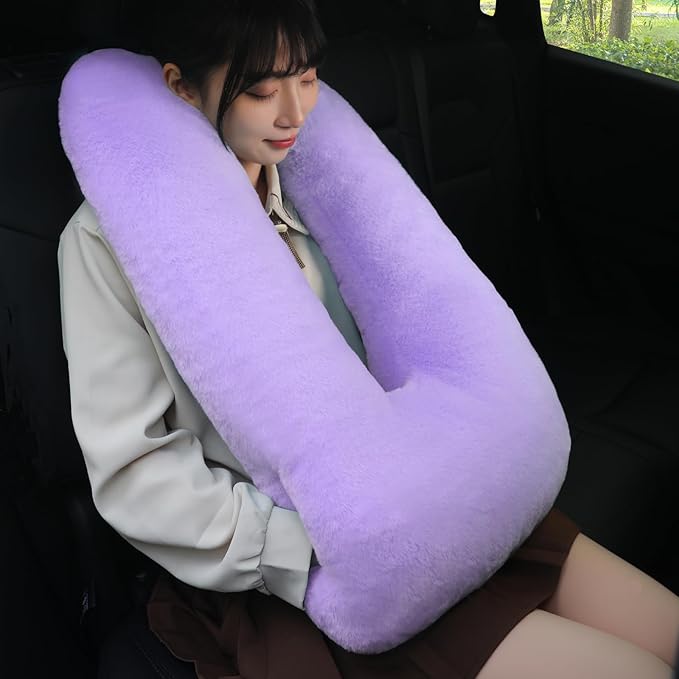 Kids Travel Pillow for Car Seat with Hand Muff, Cartoon Neck & Headrest Seat Belt Pillow for Car Road Trips Long-Distance Travel Sleeping Pillow for Adults and Children, Light Purple