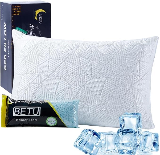 BETU Cooling King Pillow, Shredded Memory Foam Cool Pillow for Hot Sleepers, Adjustable Firm Soft Support Bed Pillows Perfect for Back Neck Pain and Side Sleeping with Pillow Case Cover, Ivory