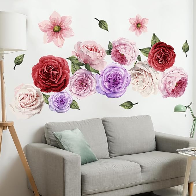 20 Pieces Flowers Wall Decals Vinyl Non-Glue Wall Stickers Removable Floral Wall Murals Self-Adhesive Colorful Flower Wall Decor for Girls Bedroom Living Room Nursery