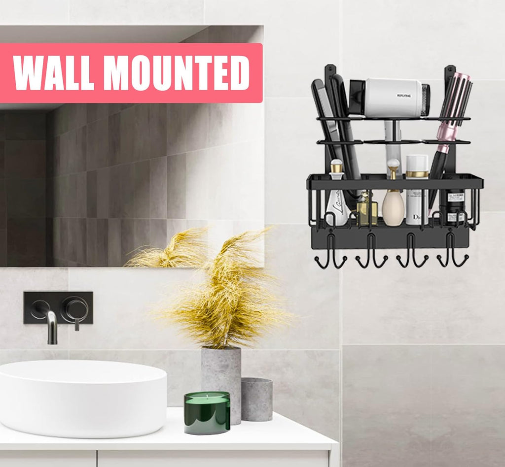 REFLYING Over-the-Door Hairdryer and Styling Tool Organizer, Metal, Black, 3 Compartments, 8 Hooks, 15"H x 10"W x 4.7"D