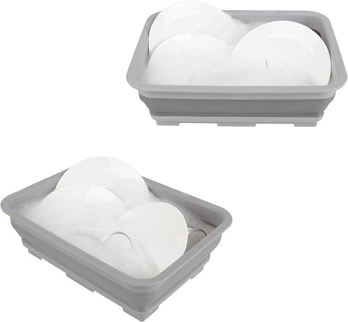 Set of 2 Multipurpose Wash Bins – 10-Liter Basins for Camping, Parties, or Cleaning – Collapsible Bucket Set by Wakeman (Gray)